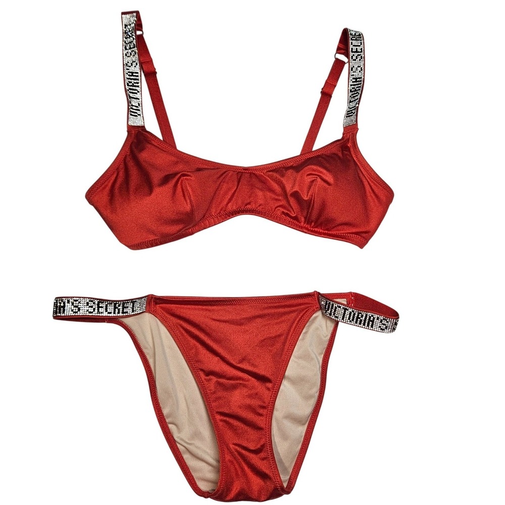 Victoria's Secret Red Rhinestone Shine Strap Bikini Set M Glam Y2K Sexy Spellout